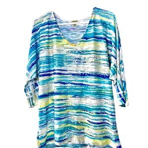 Reba Blouse XL Tunic Top 3/4 Sleeve Embellished V Neck Boho Multicolor Striped